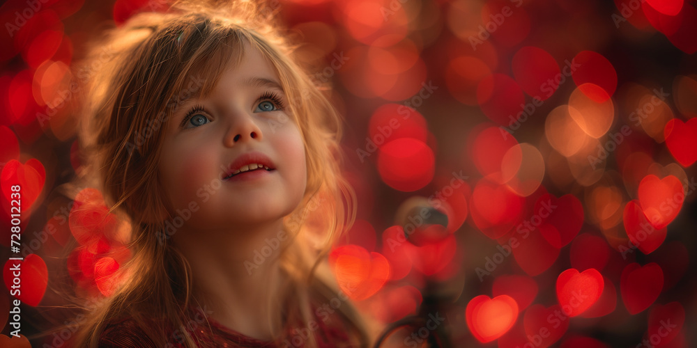 Süßes Mädchen Gesicht mit Lichter Bokeh in rot Nahaufnahme, ai generativ Süßes Mädchen Gesicht mit Lichter Bokeh in rot Nahaufnahme, ai generativ