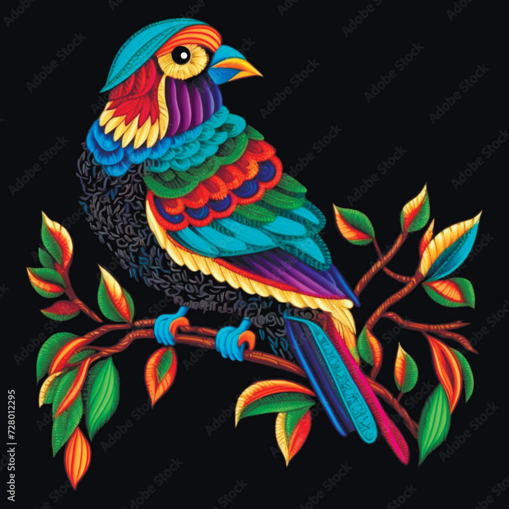 Tapestry textured bright isolated cartoon parrot on the branch. Floral embroidery pattern background illustration. Stitch lines embroidered colorful texture. Decorative beautiful surface design