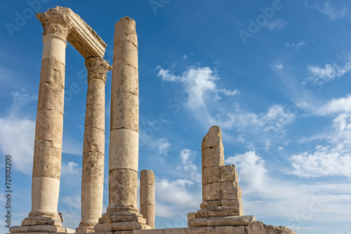 Horizontal photo of the uncompleted Roman Temple of Hercules at the Amman Citadel in an archeological site at the center of downtown Amman in Jordan. 