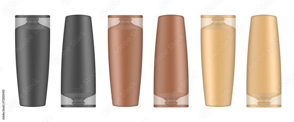 Set of black, brown and beige shampoo and conditioner bottles. Realistic mockup. Korean packaging. Lotion or shower gel. Hair treatment, mask. Cosmetic bottle with transparent cap standing upside down Set of black, brown and beige shampoo and conditioner bottles. Realistic mockup. Korean packaging. Lotion or shower gel. Hair treatment, mask. Cosmetic bottle with transparent cap standing upside down