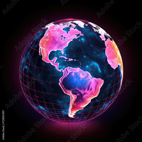 Digital world map terrestrial globe with neon glow against dark background