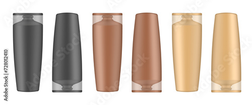 Set of black, brown and beige shampoo and conditioner bottles. Realistic mockup. Korean packaging. Lotion or shower gel. Hair treatment, mask. Cosmetic bottle with transparent cap standing upside down