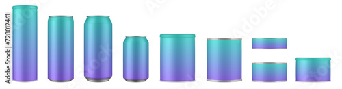Set of blue and purple tin cans and jars. Coffee or tea canister. Tin can for preserves or pet food. Beer, cocktail or soda can. Chips tube. Cookie jar. Round box for sugar or flour. Gradient colors
