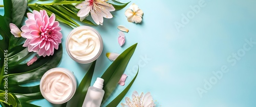 Soft Pink and White Cosmetic Cream with Tropical Leaves and Flowers on Blue Background photo