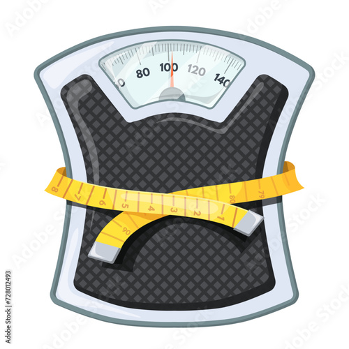 Bathroom scale tape measure. Diet scales concept, mechanical weight measuring centimeter for reduce calories slim waist meter, overweight dieting control neat vector illustration