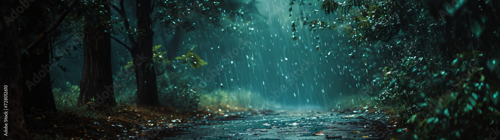 panorama of rain in the forest - obrazy, fototapety, plakaty 
