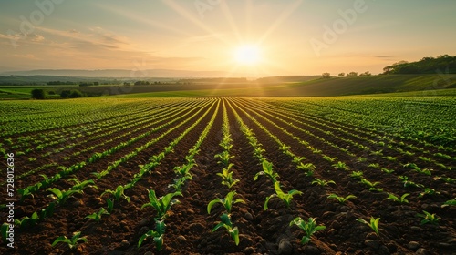 Sunrise over agricultural farmland showcasing the beauty and symmetry of crop rows