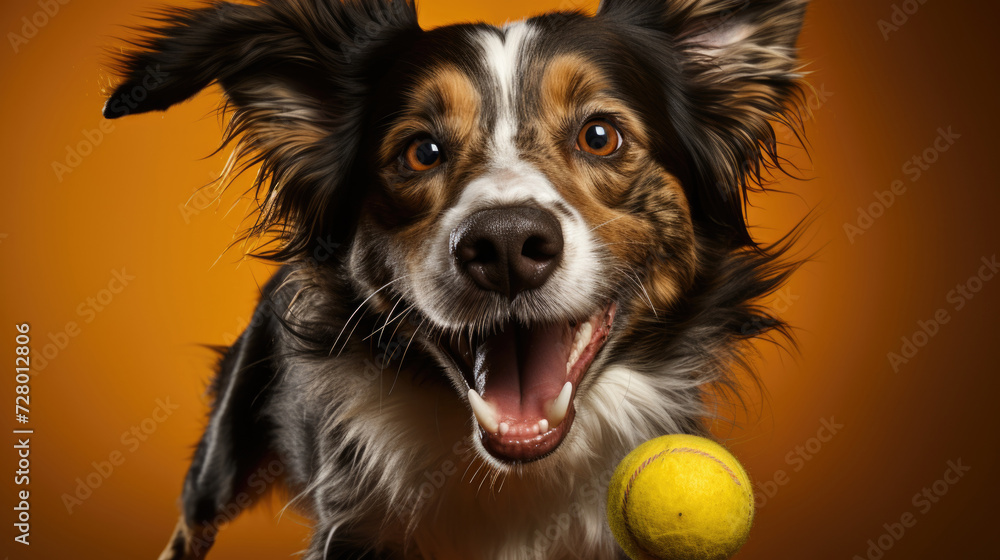 Playful dog with tennis ball, looking at camera on orange backdrop