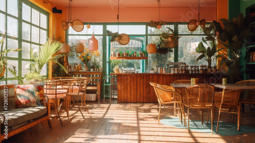 Warm Bali sunlight cafe interior with Peach Fuzz color walls, maximalist design