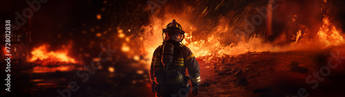 Brave Firefighter in Action Against Intense Flames in a Dangerous Emergency Scene