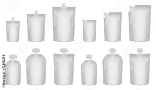 Set of white doypack packaging with screw cap. Blank foil drink bags pouches with spout. Ketchup, mayonnaise or mustard. Stand up doy pack mock up set. Cosmetic refill. Fruit puree, baby food