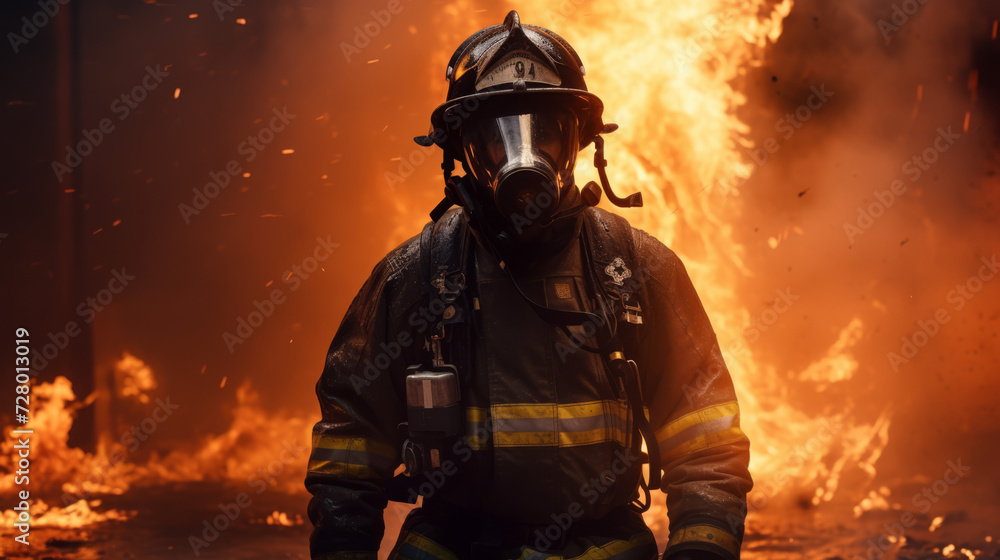 Brave Firefighter in Action Against Intense Flames in a Dangerous Emergency Scene Brave Firefighter in Action Against Intense Flames in a Dangerous Emergency Scene