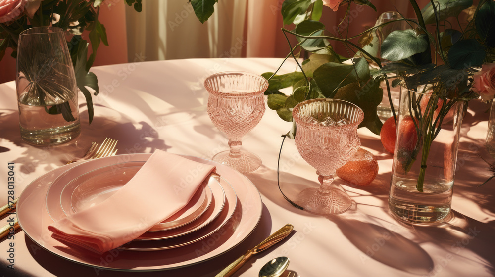 Romantic holiday table setting with Peach Fuzz color. Summer seasonal decor Romantic holiday table setting with Peach Fuzz color. Summer seasonal decor