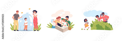 Overprotection. Overprotective parent spy monitoring control to child, parenting issues over safety kid attention family slave protective mother father, classy vector illustration
