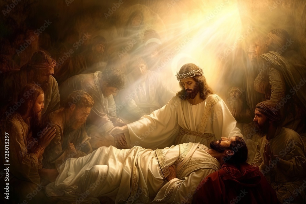 Jesus healing the sick with a compassionate touch Surrounded by a divine aura