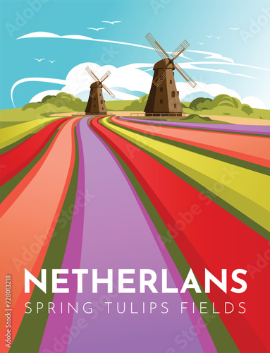 Traditional landscape of the Netherlands. Tulip fields and old windmills. European tourism and travel poster. Vector illustration