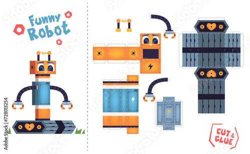 Paper robot diy. Robotic craft cut model template for kindergarten preschool activity, kid education fun puzzle game learning make toy on birthday party, classy vector illustration