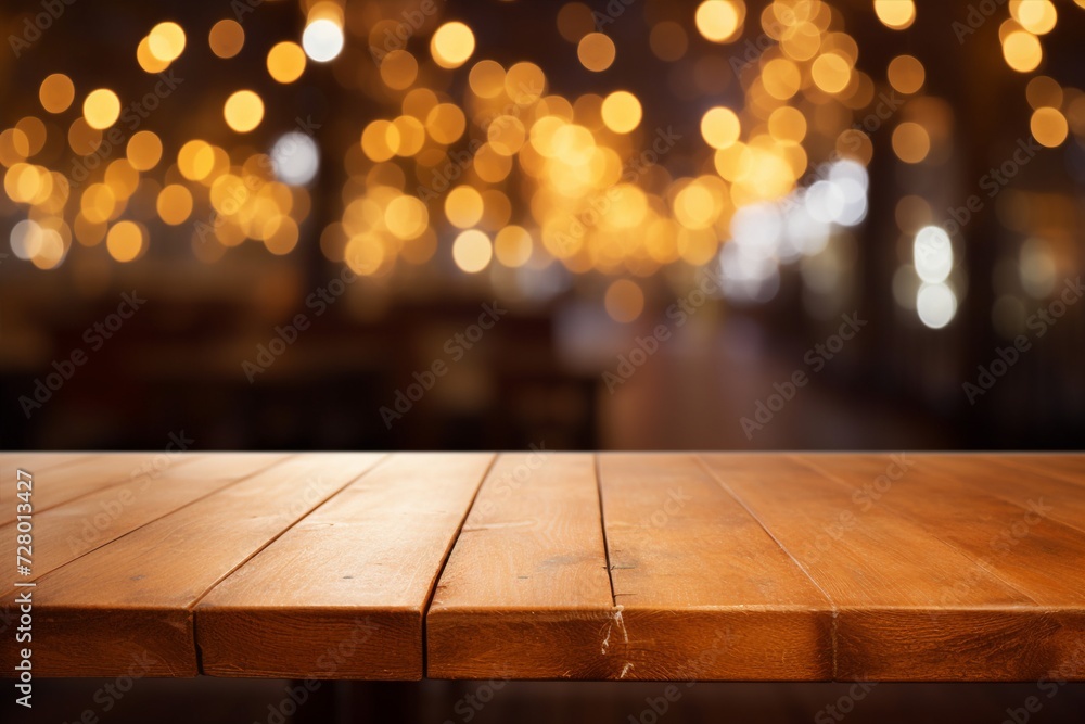 A captivating image of a wooden table against an abstract backdrop of blurred restaurant lights adds an artistic touch to the dining environment. Created with generative AI tools