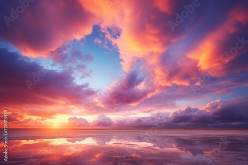A tranquil lake mirrors the beauty of a serene sunset  where the sky is adorned with gentle pink and purple clouds  and the horizon rests peacefully. Created with generative AI tools