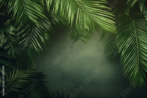 Jungle palm leaves in shades of vibrant green create a captivating frame for the background. Created with generative AI tools