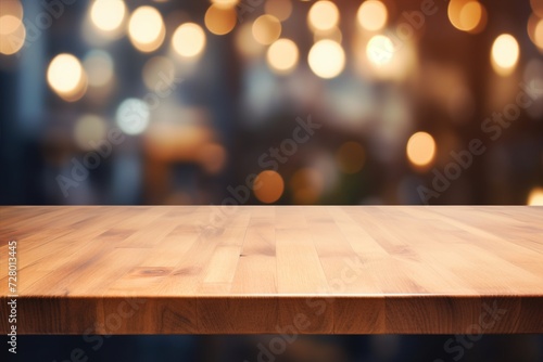 In the foreground  a wooden table surface contrasts with the blurred kitchen scene behind  ready for product displays and design layouts. Created with generative AI tools