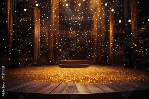 A celebratory and festive ambiance is unmistakable as a podium is spotlighted on a wooden stage, with golden particles adorning the black background. Created with generative AI tools photo