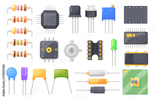 Semiconductor resistor. Electric component pcb industrial microcontroller parts, electrical oscillation fuse resistance capacitor micro chip processor, neat vector illustration
