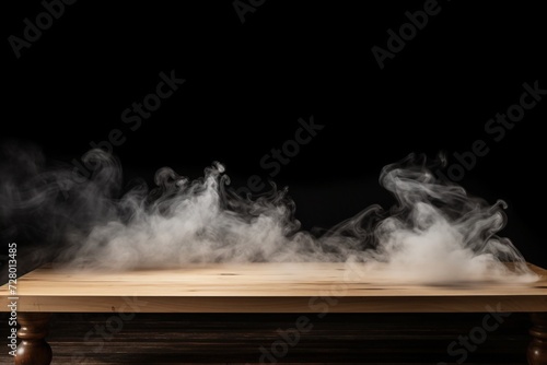 A dark setting emphasizes an empty wooden table with subtle smoke, offering a perfect platform for your product displays. Created with generative AI tools
