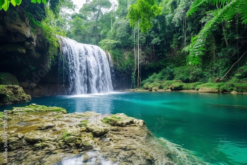 Majestic waterfall in a tropical rainforest with a natural swimming hole