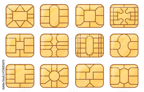 Sim emv chip. Credit card or nfc chips closeup symbol design, atm microchip secure module global banking gsm buying phone technology