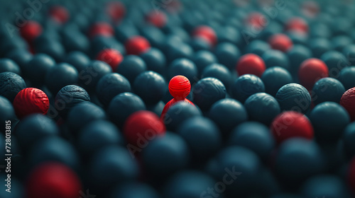 Concetto di distinguersi dalla massa, di risolvere i problemi, di essere diversi e unici con una propria identità e competenze speciali tra gli altri, ferocemente, palla rossa tra palle blu