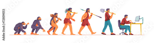Businessman evolution stages. Human ancestor darwin theory, monkey evolve to ancient man and wealthy capitalist computer worker, history mankind progress recent vector illustration photo