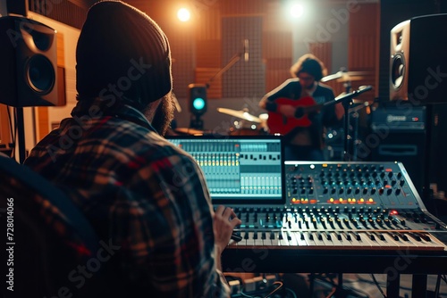 Professional recording studio with musician playing and sound engineer