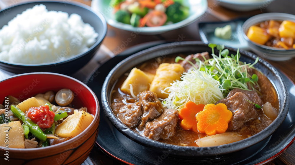 A delectable set of Japanese cuisine, featuring a sizzling beef dish with vegetables, steamed rice, salad, and side dishes on a wooden table.