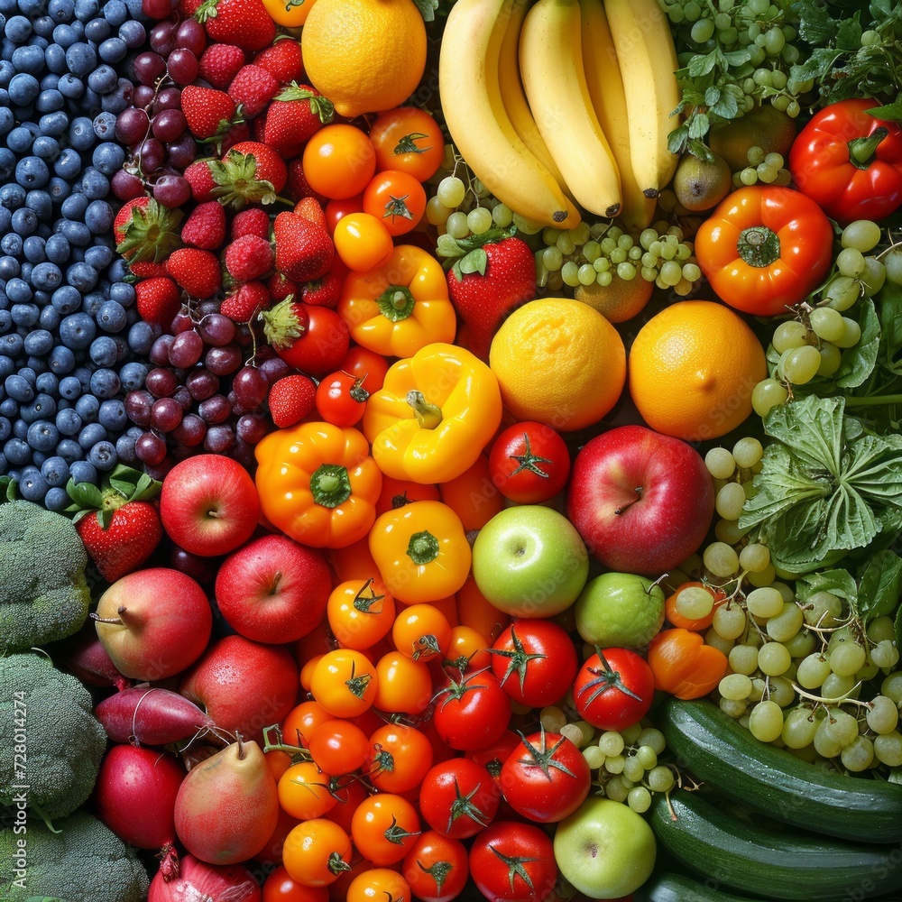 A bright assortment of fresh, colorful fruits and vegetables close up. Fruit and vegetable background. Delicious and healthy food.