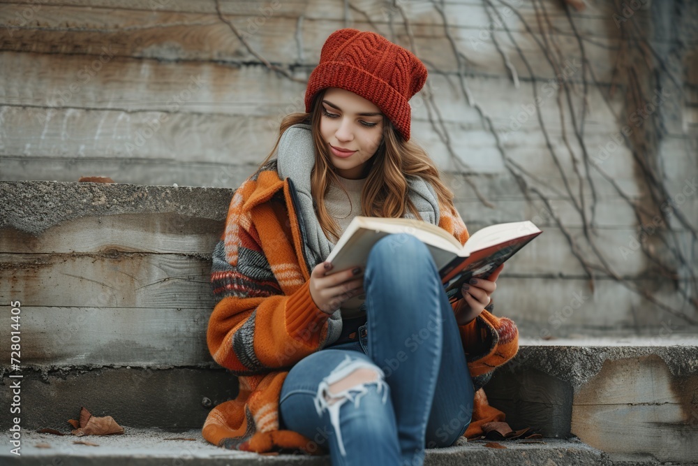 Fototapeta premium teenage hipster woman sitting enjoying reading a book