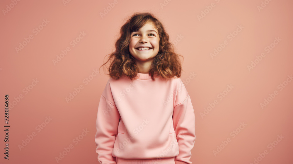 Smiling Young Girl in Pink Sweater on a Pastel Background Smiling Young Girl in Pink Sweater on a Pastel Background