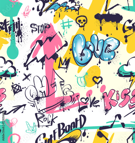 Wall graffiti seamless pattern. Urban street art wall tags colorful backdrop textile, teenager city letter message doodle graffiti background