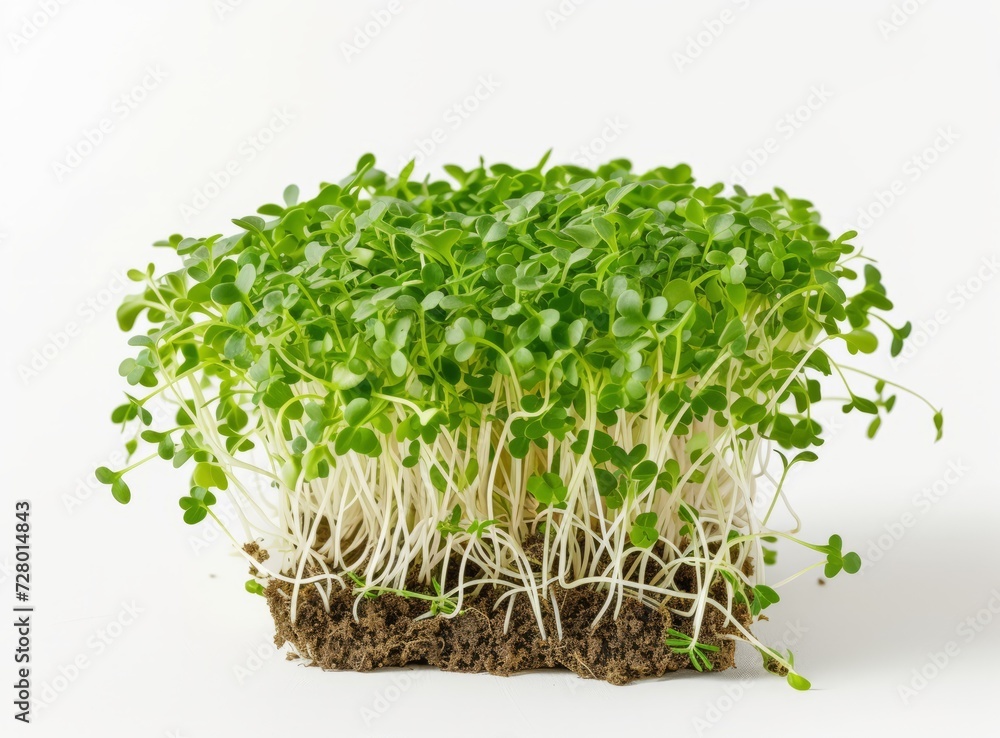 Fresh, vibrant green microgreens isolated on a crisp white background. Delicious and healthy food. Fresh, vibrant green microgreens isolated on a crisp white background. Delicious and healthy food.
