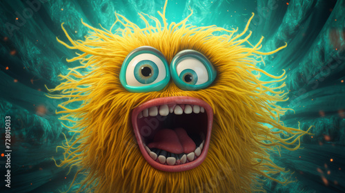 Electrified Yellow Cartoon Monster with Wide Eyes and Open Mouth in a Vibrant Underwater Scene