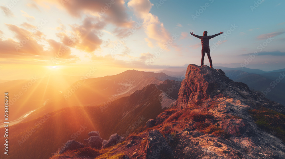 A jubilant and triumphant man stands on the mountain's summit, arms raised in celebration 