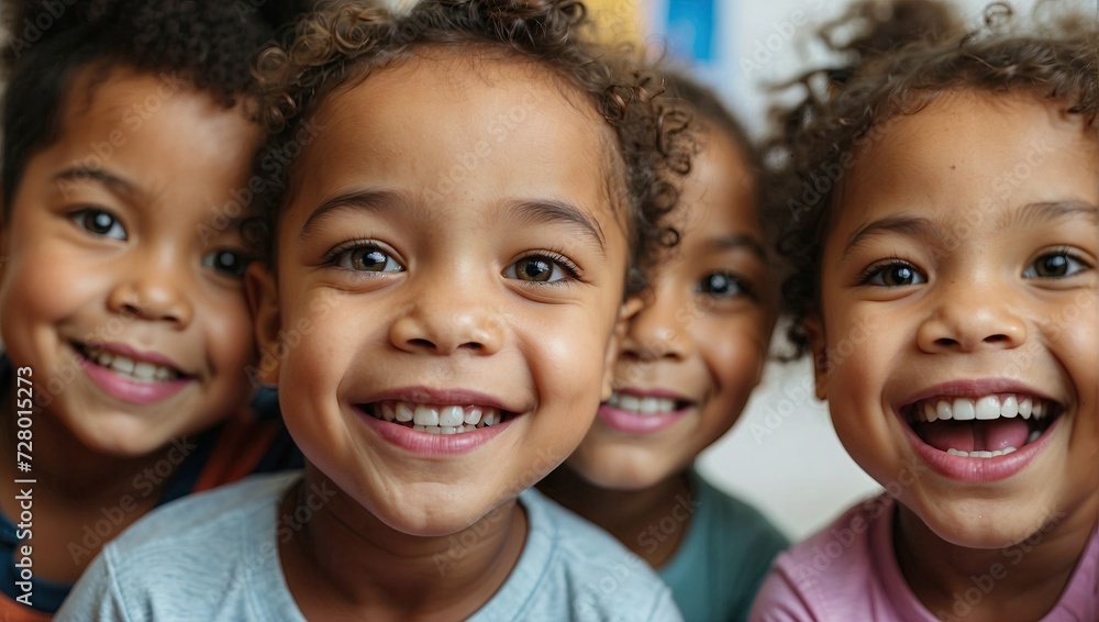 Four joyful diverse children smiling close-up, showcasing bright eyes and teeth, in a kindergarten setting. Four joyful diverse children smiling close-up, showcasing bright eyes and teeth, in a kindergarten setting.