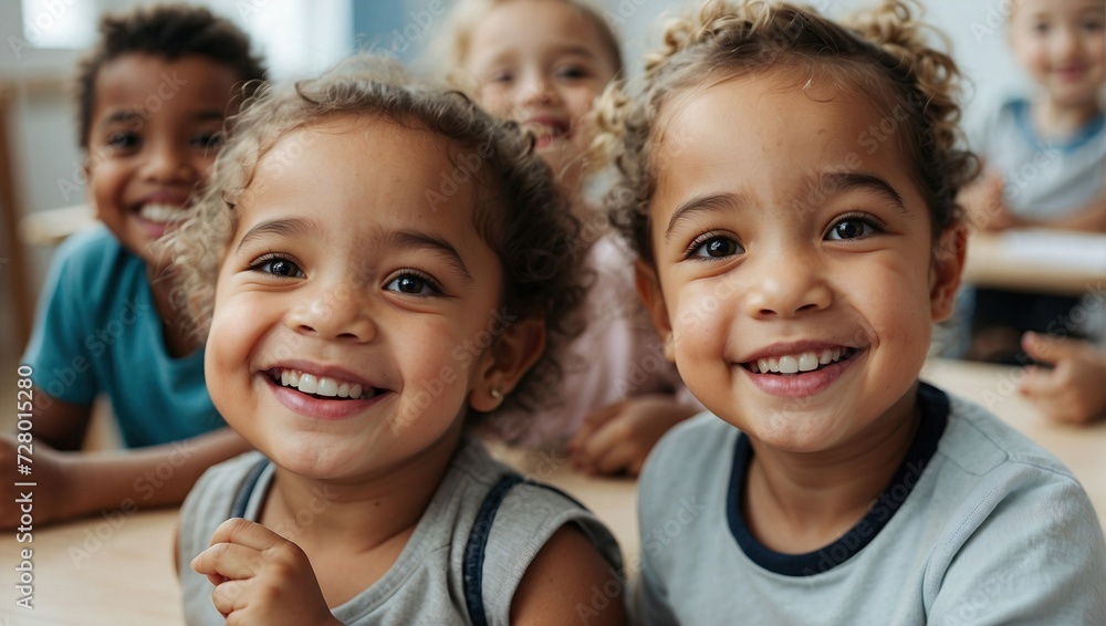 Cheerful diverse children, with curly hair, smiling in a close-up group selfie, in a bright classroom setting. Cheerful diverse children, with curly hair, smiling in a close-up group selfie, in a bright classroom setting.