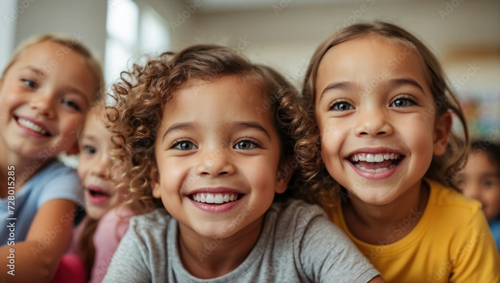 Close-up of happy diverse children smiling broadly, with a classroom background, showing friendship and joy. Close-up of happy diverse children smiling broadly, with a classroom background, showing friendship and joy.