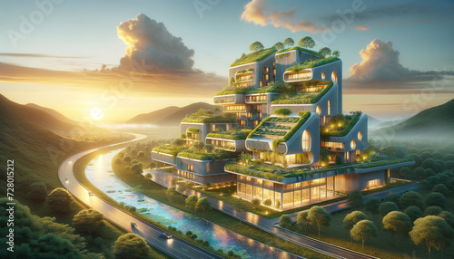 Innovative sustainable housing complex with living walls and crystalline streams.