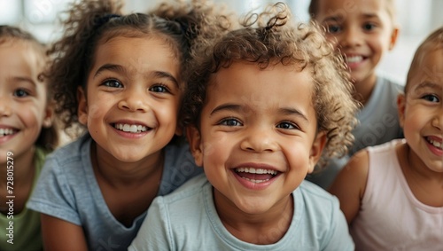 Group of diverse preschoolers smiling for a close-up selfie with a classroom background, exuding happiness and camaraderie. photo