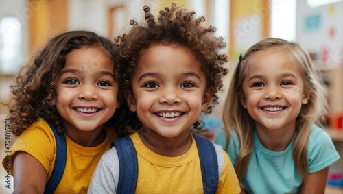Close-up of three joyful diverse children with backpacks smiling, in a sunny preschool classroom environment. photo