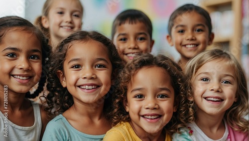 Happy group of diverse children with bright smiles in a kindergarten classroom, posing for a close-up photo. photo