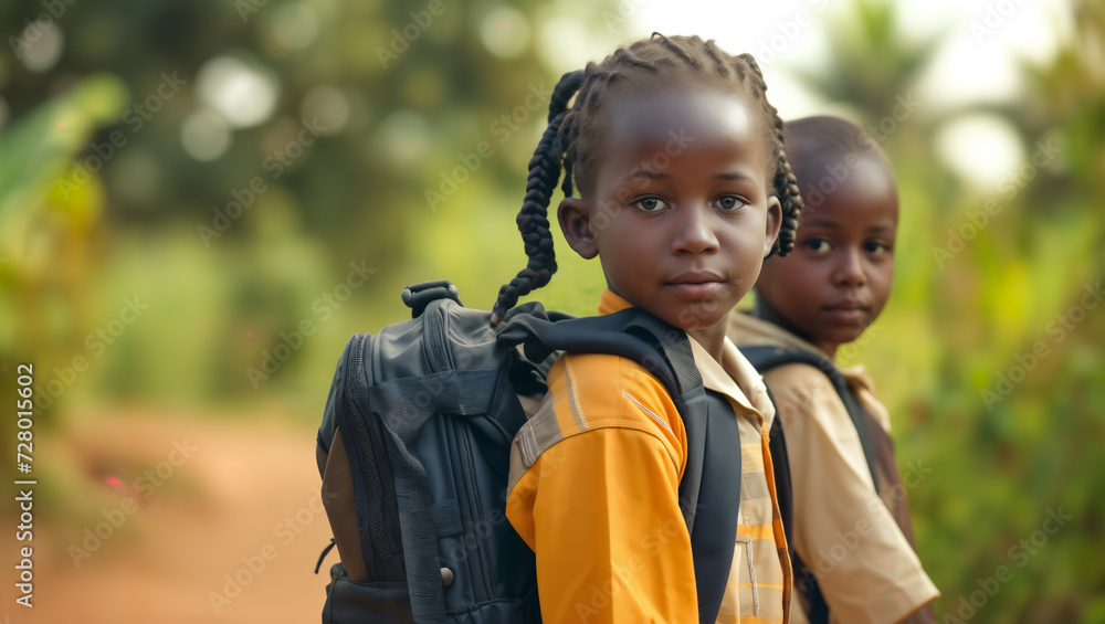 Children from Africa with their school backpacks on their way to their first day of school, looking into the camera Children from Africa with their school backpacks on their way to their first day of school, looking into the camera