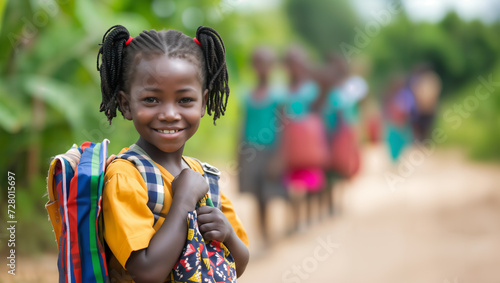 African children proudly wear the old, used backpacks they received as gifts, often turned inside out, expressing their pride in being able to attend school